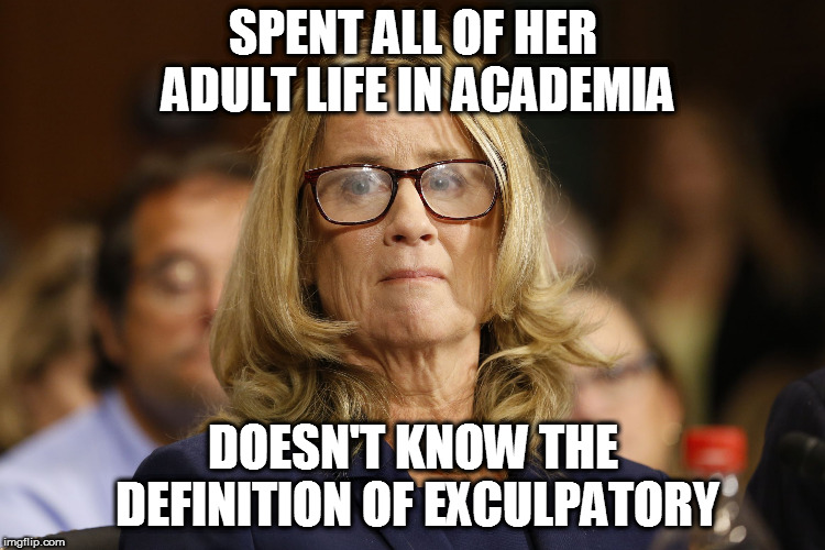 SPENT ALL OF HER ADULT LIFE IN ACADEMIA; DOESN'T KNOW THE DEFINITION OF EXCULPATORY | image tagged in exculpatory | made w/ Imgflip meme maker