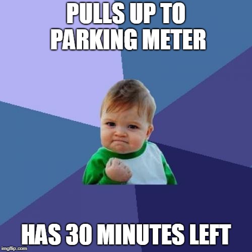 Success Kid Meme | PULLS UP TO PARKING METER; HAS 30 MINUTES LEFT | image tagged in memes,success kid | made w/ Imgflip meme maker