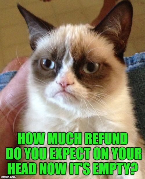 Grumpy Cat | HOW MUCH REFUND DO YOU EXPECT ON YOUR HEAD NOW IT’S EMPTY? | image tagged in memes,grumpy cat | made w/ Imgflip meme maker