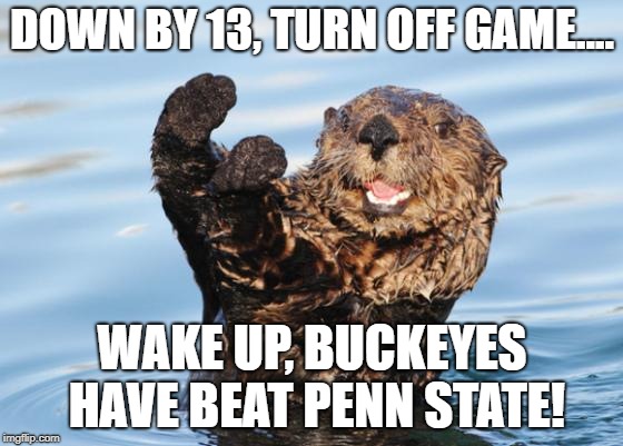 otter celebration | DOWN BY 13, TURN OFF GAME.... WAKE UP, BUCKEYES HAVE BEAT PENN STATE! | image tagged in otter celebration | made w/ Imgflip meme maker