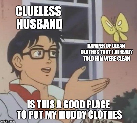 Is This A Pigeon Meme | CLUELESS HUSBAND; HAMPER OF CLEAN CLOTHES THAT I ALREADY TOLD HIM WERE CLEAN; IS THIS A GOOD PLACE TO PUT MY MUDDY CLOTHES | image tagged in memes,is this a pigeon | made w/ Imgflip meme maker