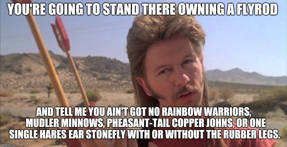 Joe Dirt | YOU'RE GOING TO STAND THERE OWNING A FLYROD; AND TELL ME YOU AIN'T GOT NO RAINBOW WARRIORS,  MUDLER MINNOWS, PHEASANT-TAIL COPPER JOHNS, OR ONE SINGLE HARES EAR STONEFLY WITH OR WITHOUT THE RUBBER LEGS. | image tagged in joe dirt | made w/ Imgflip meme maker