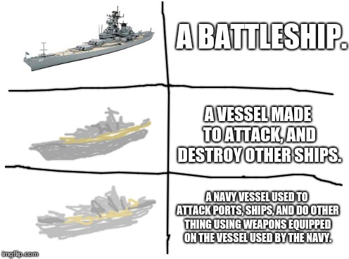 A BATTLESHIP. A VESSEL MADE TO ATTACK, AND DESTROY OTHER SHIPS. A NAVY VESSEL USED TO ATTACK PORTS, SHIPS, AND DO OTHER THING USING WEAPONS EQUIPPED ON THE VESSEL USED BY THE NAVY. | image tagged in battleships | made w/ Imgflip meme maker
