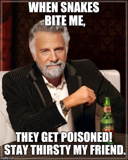 The Most Interesting Man In The World | WHEN SNAKES BITE ME, THEY GET POISONED! STAY THIRSTY MY FRIEND. | image tagged in memes,the most interesting man in the world | made w/ Imgflip meme maker