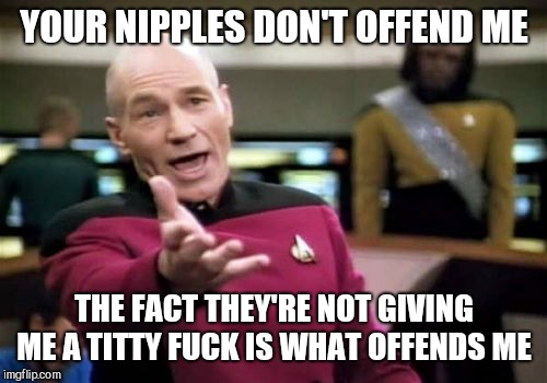 Picard Wtf Meme | YOUR NIPPLES DON'T OFFEND ME THE FACT THEY'RE NOT GIVING ME A TITTY F**K IS WHAT OFFENDS ME | image tagged in memes,picard wtf | made w/ Imgflip meme maker