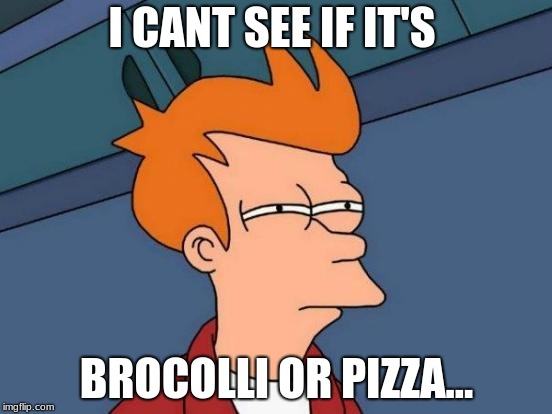 Futurama Fry Meme | I CANT SEE IF IT'S; BROCOLLI OR PIZZA... | image tagged in memes,futurama fry | made w/ Imgflip meme maker