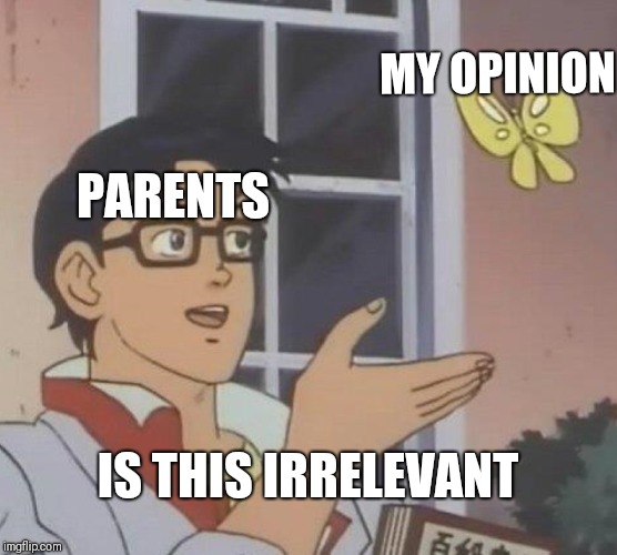 Is This A Pigeon Meme | MY OPINION; PARENTS; IS THIS IRRELEVANT | image tagged in memes,is this a pigeon | made w/ Imgflip meme maker