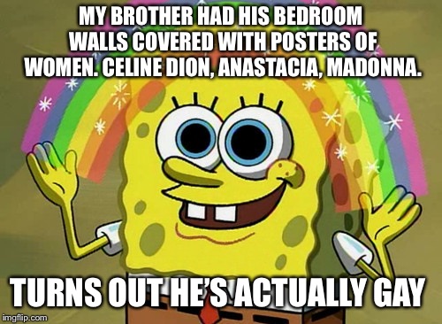 Imagination Spongebob | MY BROTHER HAD HIS BEDROOM WALLS COVERED WITH POSTERS OF WOMEN. CELINE DION, ANASTACIA, MADONNA. TURNS OUT HE’S ACTUALLY GAY | image tagged in memes,imagination spongebob,AdviceAnimals | made w/ Imgflip meme maker