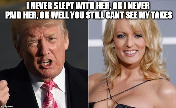 Trump Stormy Daniels | I NEVER SLEPT WITH HER, OK I NEVER PAID HER, OK WELL YOU STILL CANT SEE MY TAXES | image tagged in trump stormy daniels | made w/ Imgflip meme maker