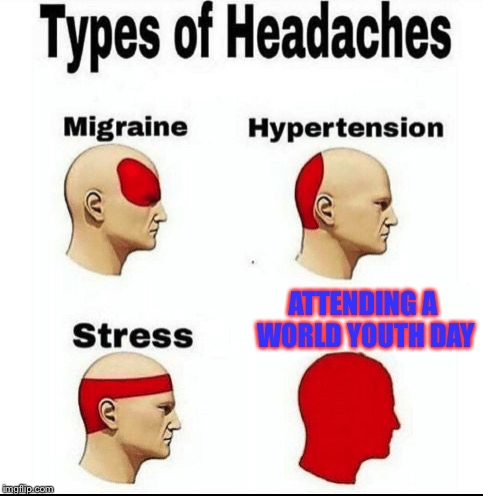 Types of Headaches meme | ATTENDING A WORLD YOUTH DAY | image tagged in types of headaches meme,catholic,brazil,germany,panama,australia | made w/ Imgflip meme maker