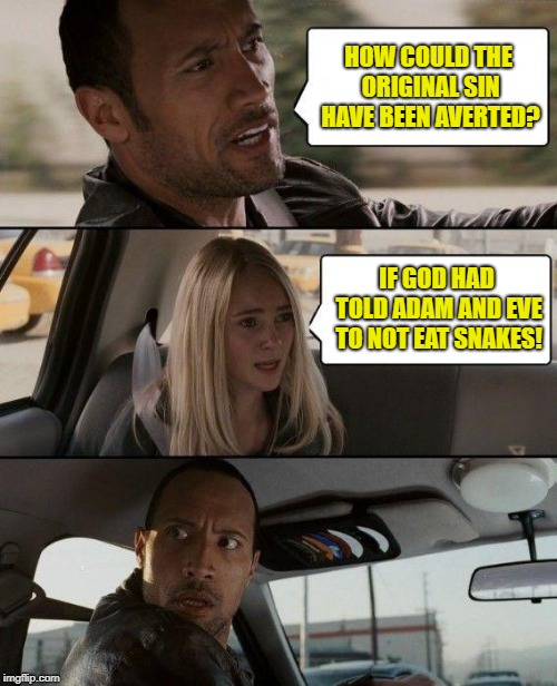 Or, not plant apple trees in the garden! | HOW COULD THE ORIGINAL SIN HAVE BEEN AVERTED? IF GOD HAD TOLD ADAM AND EVE TO NOT EAT SNAKES! | image tagged in memes,the rock driving | made w/ Imgflip meme maker