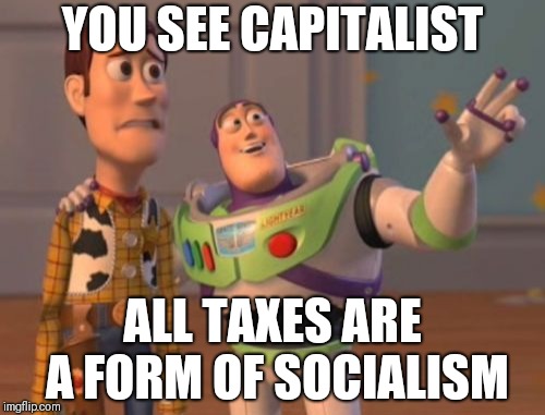 X, X Everywhere | YOU SEE CAPITALIST; ALL TAXES ARE A FORM OF SOCIALISM | image tagged in x x everywhere | made w/ Imgflip meme maker