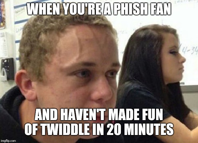 When you haven't told anybody | WHEN YOU'RE A PHISH FAN; AND HAVEN'T MADE FUN OF TWIDDLE IN 20 MINUTES | image tagged in when you haven't told anybody | made w/ Imgflip meme maker