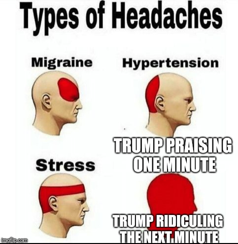 Why does anyone think he is believable?  | TRUMP PRAISING ONE MINUTE; TRUMP RIDICULING THE NEXT MINUTE | image tagged in types of headaches meme | made w/ Imgflip meme maker