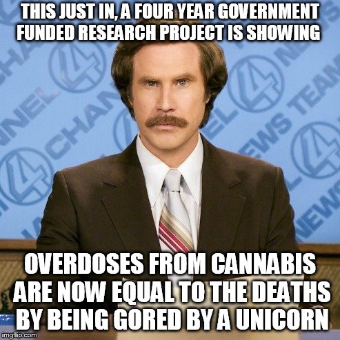 will ferrell | THIS JUST IN, A FOUR YEAR GOVERNMENT FUNDED RESEARCH PROJECT IS SHOWING; OVERDOSES FROM CANNABIS ARE NOW EQUAL TO THE DEATHS BY BEING GORED BY A UNICORN | image tagged in will ferrell | made w/ Imgflip meme maker