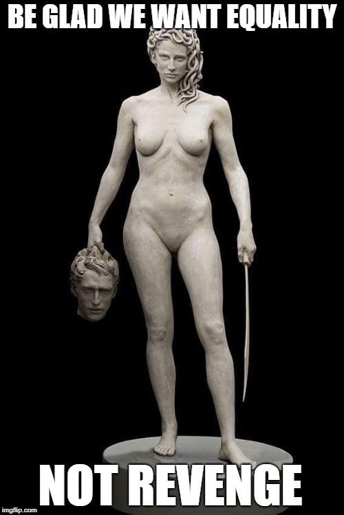 BE GLAD WE WANT EQUALITY; NOT REVENGE | image tagged in medusa slaying perseus | made w/ Imgflip meme maker