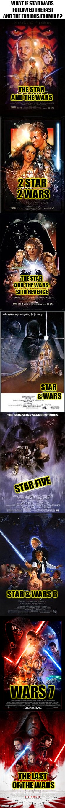 You can have a lot of fun with this formula.... | WHAT IF STAR WARS FOLLOWED THE FAST AND THE FURIOUS FORMULA? THE STAR AND THE WARS; 2 STAR 2 WARS; THE STAR AND THE WARS: SITH REVENGE; STAR & WARS; STAR FIVE; STAR & WARS 6; WARS 7; THE LAST OF THE WARS | image tagged in memes,funny,star wars,fast and furious,the fast and the furious,fast and the furious | made w/ Imgflip meme maker