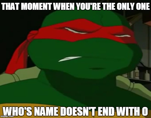 Raphaelo | THAT MOMENT WHEN YOU'RE THE ONLY ONE; WHO'S NAME DOESN'T END WITH O | image tagged in memes,tmnt,teenage mutant ninja turtles,ninja turtles | made w/ Imgflip meme maker