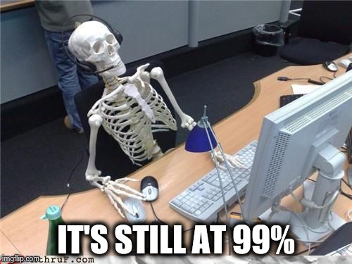 Skeleton Computer | IT'S STILL AT 99% | image tagged in skeleton computer | made w/ Imgflip meme maker