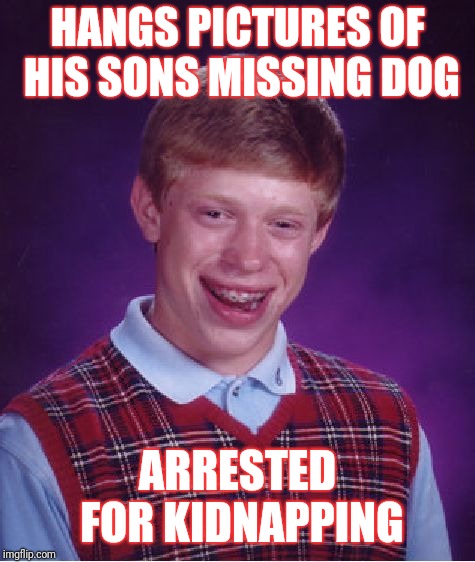 Bad Luck Brian Meme | HANGS PICTURES OF HIS SONS MISSING DOG; ARRESTED FOR KIDNAPPING | image tagged in memes,bad luck brian | made w/ Imgflip meme maker