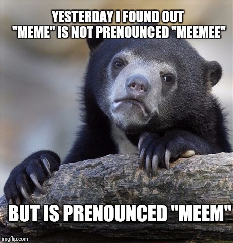And I have been on imgflip for almost three months!! | YESTERDAY I FOUND OUT "MEME" IS NOT PRENOUNCED "MEEMEE"; BUT IS PRENOUNCED "MEEM" | image tagged in memes,confession bear,meme,meem | made w/ Imgflip meme maker