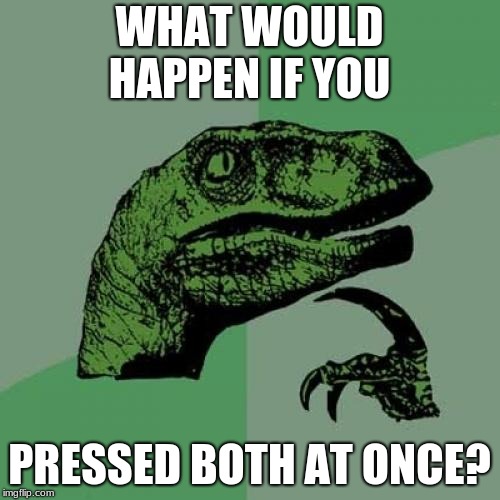 Philosoraptor Meme | WHAT WOULD HAPPEN IF YOU PRESSED BOTH AT ONCE? | image tagged in memes,philosoraptor | made w/ Imgflip meme maker