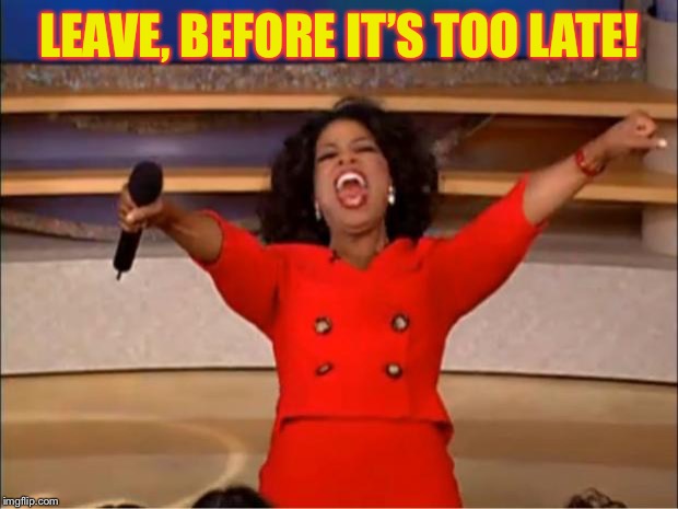 Oprah You Get A Meme | LEAVE, BEFORE IT’S TOO LATE! | image tagged in memes,oprah you get a | made w/ Imgflip meme maker