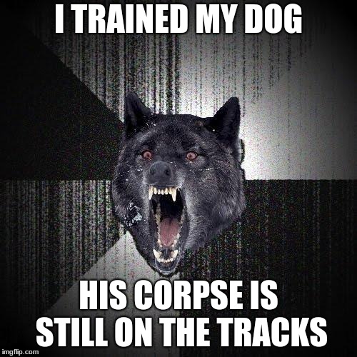 I can't train my cat though, he always runs away... | I TRAINED MY DOG; HIS CORPSE IS STILL ON THE TRACKS | image tagged in memes,insanity wolf,training,trains,dogs,evil | made w/ Imgflip meme maker