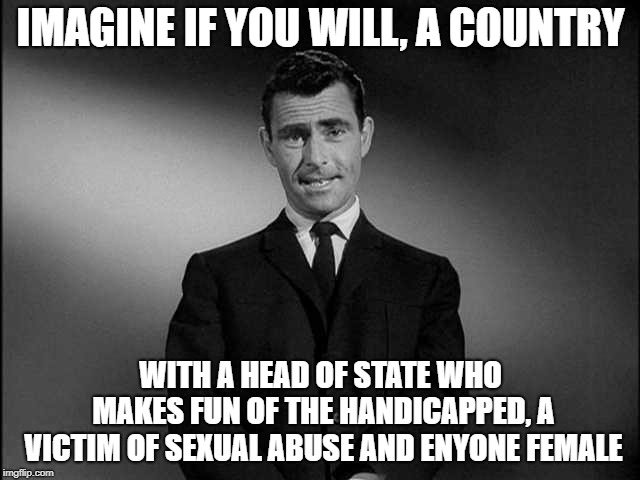 Imagine If You Will...... | IMAGINE IF YOU WILL, A COUNTRY; WITH A HEAD OF STATE WHO MAKES FUN OF THE HANDICAPPED, A VICTIM OF SEXUAL ABUSE AND ENYONE FEMALE | image tagged in imagine if you will | made w/ Imgflip meme maker