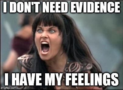 Angry Xena | I DON'T NEED EVIDENCE; I HAVE MY FEELINGS | image tagged in angry xena | made w/ Imgflip meme maker