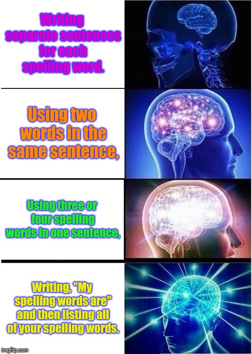 I did this once, I got a one time pass for creativity. | Writing separate sentences for each spelling word. Using two words in the same sentence, Using three or four spelling words in one sentence, Writing, "My spelling words are" and then listing all of your spelling words. | image tagged in expanding brain,spelling sentences,spelling,school,tricks | made w/ Imgflip meme maker