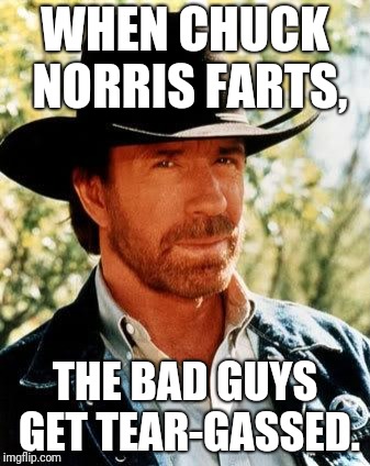 Chuck Norris Meme | WHEN CHUCK NORRIS FARTS, THE BAD GUYS GET TEAR-GASSED. | image tagged in memes,chuck norris,fart,gas | made w/ Imgflip meme maker