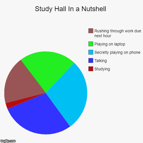 Study Hall In a Nutshell | Studying, Talking, Secretly playing on phone, Playing on laptop, Rushing through work due next hour | image tagged in funny,pie charts | made w/ Imgflip chart maker