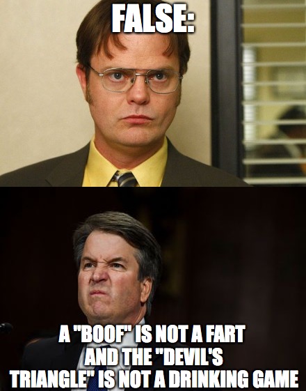 a boof | FALSE:; A "BOOF" IS NOT A FART AND THE "DEVIL'S TRIANGLE" IS NOT A DRINKING GAME | image tagged in the office,dwight schrute,brett kavanaugh,lying | made w/ Imgflip meme maker