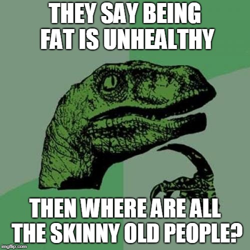 Philosoraptor |  THEY SAY BEING FAT IS UNHEALTHY; THEN WHERE ARE ALL THE SKINNY OLD PEOPLE? | image tagged in memes,philosoraptor | made w/ Imgflip meme maker