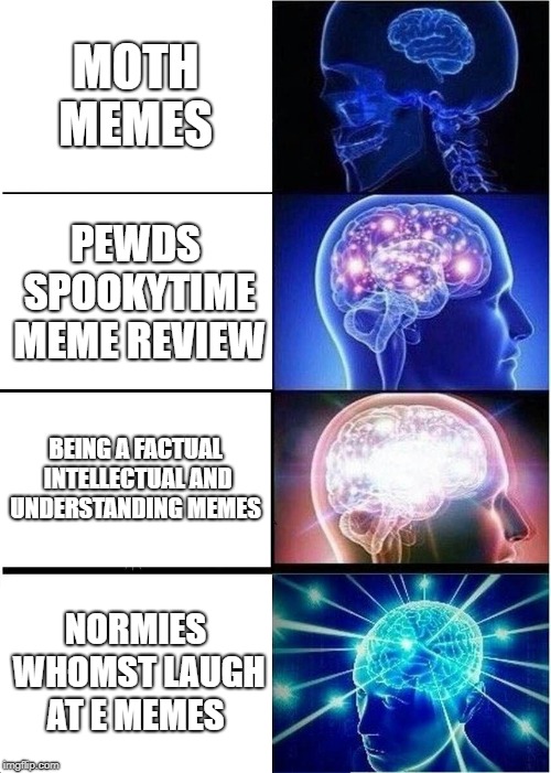 Expanding Brain | MOTH MEMES; PEWDS SPOOKYTIME MEME REVIEW; BEING A FACTUAL INTELLECTUAL AND UNDERSTANDING MEMES; NORMIES WHOMST LAUGH AT E MEMES | image tagged in memes,expanding brain | made w/ Imgflip meme maker