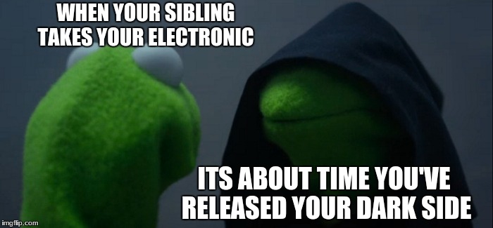 Evil Kermit Meme | WHEN YOUR SIBLING TAKES YOUR ELECTRONIC; ITS ABOUT TIME YOU'VE RELEASED YOUR DARK SIDE | image tagged in memes,evil kermit | made w/ Imgflip meme maker