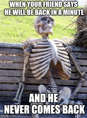 Waiting Skeleton | WHEN YOUR FRIEND SAYS HE WILL BE BACK IN A MINUTE; AND HE NEVER COMES BACK | image tagged in memes,waiting skeleton | made w/ Imgflip meme maker