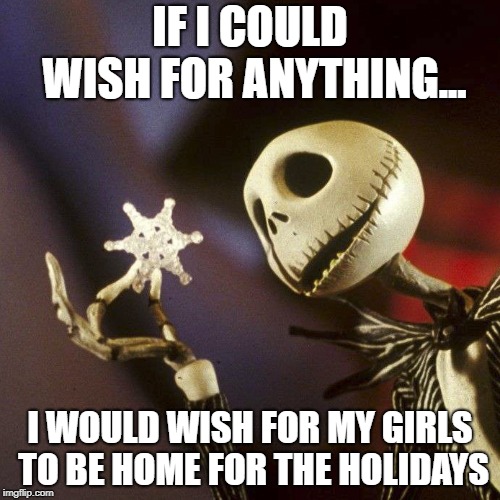 Nightmare Before Christmas | IF I COULD WISH FOR ANYTHING... I WOULD WISH FOR MY GIRLS TO BE HOME FOR THE HOLIDAYS | image tagged in nightmare before christmas | made w/ Imgflip meme maker