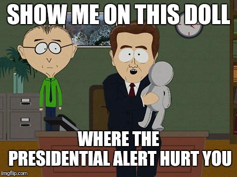 Show me on this doll | SHOW ME ON THIS DOLL; WHERE THE PRESIDENTIAL ALERT HURT YOU | image tagged in show me on this doll | made w/ Imgflip meme maker