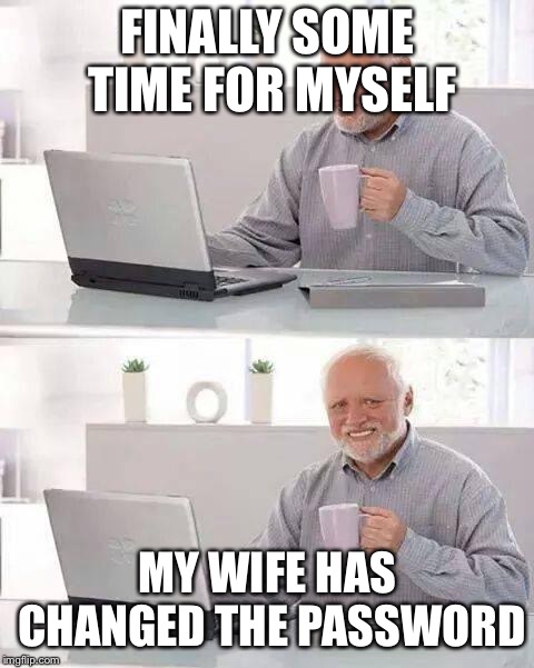 Hide the Pain Harold | FINALLY SOME TIME FOR MYSELF; MY WIFE HAS CHANGED THE PASSWORD | image tagged in memes,hide the pain harold | made w/ Imgflip meme maker
