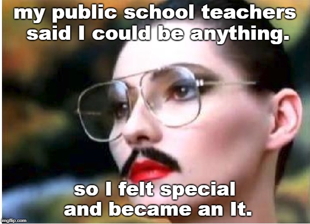  another casualty from the insane leftists school system. | my public school teachers said I could be anything. so I felt special and became an It. | image tagged in save yourself,what is it,vote often | made w/ Imgflip meme maker