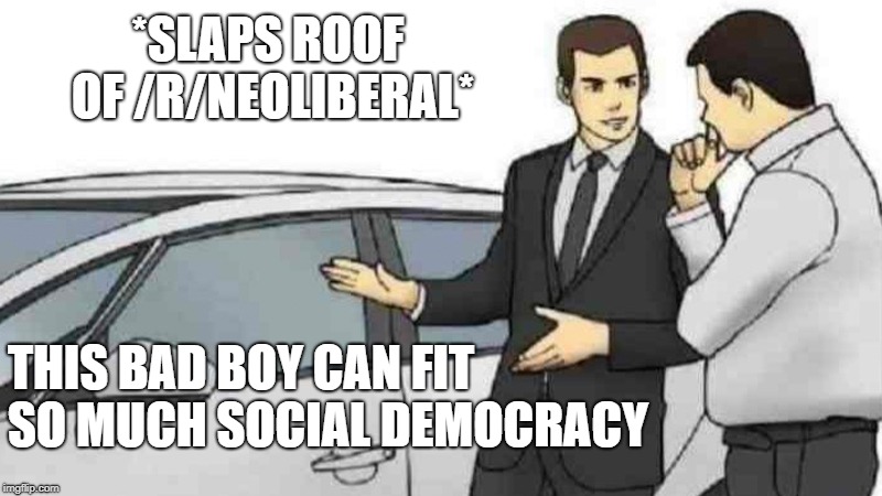 Car Salesman Slaps Roof Of Car Meme | *SLAPS ROOF OF /R/NEOLIBERAL*; THIS BAD BOY CAN FIT  SO MUCH SOCIAL DEMOCRACY | image tagged in memes,car salesman slaps roof of car | made w/ Imgflip meme maker