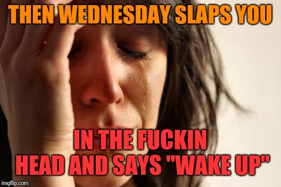 First World Problems Meme | THEN WEDNESDAY SLAPS YOU IN THE F**KIN HEAD AND SAYS "WAKE UP" | image tagged in memes,first world problems | made w/ Imgflip meme maker