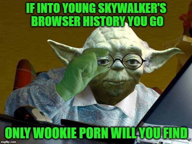 Yoda finds the internet | IF INTO YOUNG SKYWALKER'S BROWSER HISTORY YOU GO; ONLY WOOKIE PORN WILL YOU FIND | image tagged in funny memes,yoda,grandma finds the internet,starwars | made w/ Imgflip meme maker