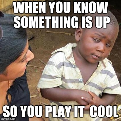 Third World Skeptical Kid | WHEN YOU KNOW SOMETHING IS UP; SO YOU PLAY IT  COOL | image tagged in memes,third world skeptical kid | made w/ Imgflip meme maker