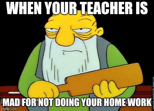 That's a paddlin' | WHEN YOUR TEACHER IS; MAD FOR NOT DOING YOUR HOME WORK | image tagged in memes,that's a paddlin' | made w/ Imgflip meme maker