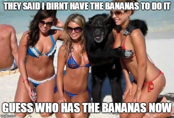 Monkeying Around | THEY SAID I DIRNT HAVE THE BANANAS TO DO IT; GUESS WHO HAS THE BANANAS NOW | image tagged in monkeying around | made w/ Imgflip meme maker