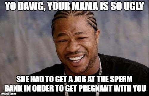 Yo Dawg Heard You Meme | YO DAWG, YOUR MAMA IS SO UGLY; SHE HAD TO GET A JOB AT THE SPERM BANK IN ORDER TO GET PREGNANT WITH YOU | image tagged in memes,yo dawg heard you | made w/ Imgflip meme maker