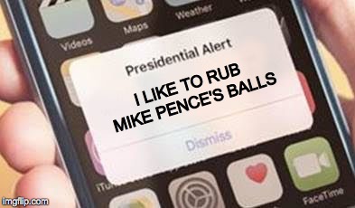 Presidential Alert | I LIKE TO RUB MIKE PENCE'S BALLS | image tagged in presidential alert | made w/ Imgflip meme maker